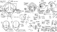 an image of various facial expressions and head shapes from the cartoon character model sheet, drawn by