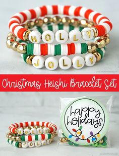 Christmas Heishi Bracelet Set | artsy-fartsy mama Preppy Christmas Clay Bead Bracelets, Christmas Stretch Bracelets, Preppy Christmas Bracelet Ideas, Diy Heishi Bead Bracelet Tutorial, Christmas Heishi Bead Bracelets, Grinch Bracelet Ideas, Holiday Clay Bead Bracelets, Christmas Clay Bracelets, Christmas Heishi Bracelet