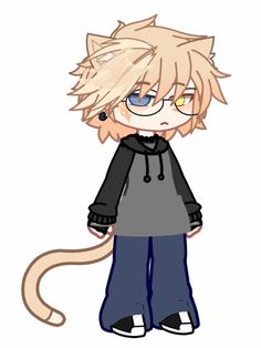 an anime character with glasses and a cat tail in front of his head, wearing blue jeans