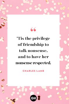 a pink background with gold confetti and a quote from charles lamb