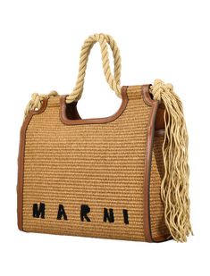 Marcel Tote Bag By Marni. Featuring: Rafia Fabric Tote Bag Leather Edges Frayed Rope Handles Fabric Lining Internal Zip Pocket Contrasting-coloured Hand-painted Logo In Front Height: 30cm Width: 32,5cm Depth: 14,5cmComposition: 52% cotton, 48% polyamide-nylon Hand Painted Logo, Hand Bags For Women, Fabric Tote Bags, Summer Tote, Fabric Tote, Summer Bag, Vanessa Bruno, Tote Bag Leather, Rope Handles