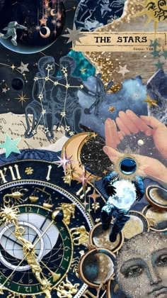 a collage of clocks, stars and other things