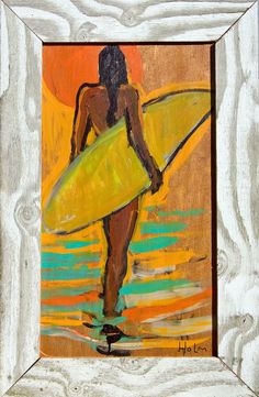 a painting of a woman holding a surfboard in front of an orange and yellow background