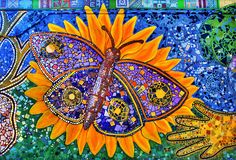 an artistic painting with sunflowers and butterflies