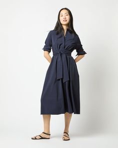 Long-Sleeved Gianna Dress in Navy Wool Seersucker Navy Dress With Button Closure For Daywear, Navy Button-up Dress For Work, Navy Midi-length Dress With Buttons, Casual Navy Button-up Dress, Non-stretch Medium Wash Button-up Dress, Buckle Shoes, Mother Of Pearl Buttons, Short Jacket, Shirt Shop