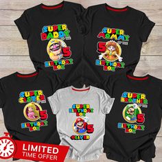 family shirts with super mario bros characters on the front and back, all printed in different colors