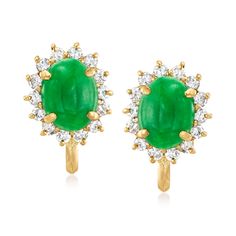 Ross-Simons - C. 1970 Vintage Jade, .70ct t. w. Diamond Earrings in 18kt Yellow Gold. C. 1970. These captivating non-pierced earrings from our Estate collection will bring you serenity with their cool, green hue. 8x6.5mm oval jade cabochons are sparked by .70 ct. t. w. round brilliant-cut diamonds, set in luxurious 18kt yellow gold. Non-pierced screw, diamond and jade earrings. Exclusive, one-of-a-kind Estate Jewelry. Classic Gemstone Clip-on Earrings For Anniversary, Classic Green Clip-on Earrings For Formal Occasions, Cool Green, Gold C, Jade Earrings, Jade Stone, Pierced Earrings, Round Brilliant Cut Diamond, Diamond Stone