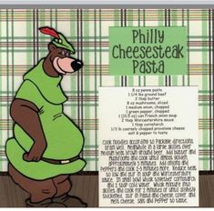 a cartoon bear wearing a green outfit and standing in front of a sign that says phily cheesesteak pasta