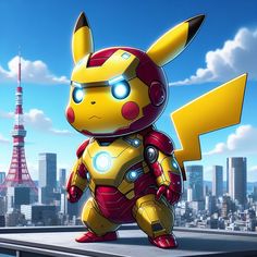 the pikachu character is standing on top of a building with a city in the background