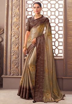 Organza Saree with blouse in Brown colour 1206A Desc: Color : Brown Fabric : Organza Silk Work : Embroidery Wash Care : Dry clean Sleeve Style : Half Sleeve Long Sleeves : Done only in Custom Stitch Sleeves Lining : Done only in Custom Stitch Bust Size : 32 to 42 Inches Occasion : Temple Wear Social Gathering Pongal Gudi Padwa Onam Ugadi. With Express Free Shipping Buy Indian Party wedding wear Bridal Sarees Organza Saree with blouse in Brown colour 1206A online in USA, UK and Canada from KollyB Brown Colour Saree, Saree For Reception, Organza Saree With Blouse, Beige Saree, Wedding Sarees Online, Dresses By Pattern, Organza Silk Saree, Beautiful Sarees, Indian Designer Sarees