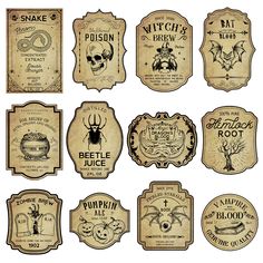 various vintage halloween labels with spider, bat, pumpkin and other things in them illustration