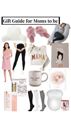 the gift guide for moms to be is shown in white and black with pink accents