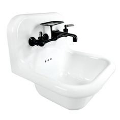 a white sink with two faucets on the side and black handles, against a white background