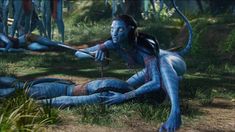 a woman with blue paint on her face and body sitting in the grass