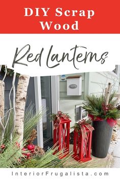 some red lanterns are sitting in front of a house with pine trees and evergreens