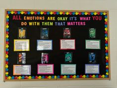 a bulletin board with information about emotions and other things to do in the classroom on it