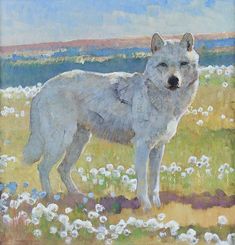 a painting of a white wolf standing in a field with wildflowers and blue sky