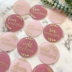 six pink and gold badges with the words'five months, nine months'on them