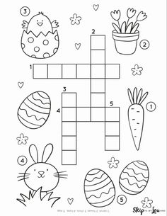 an easter crossword puzzle with eggs, carrots and flowers on it in black and white