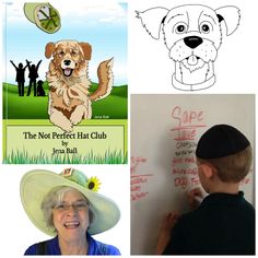 a boy writing on a whiteboard next to pictures of dogs