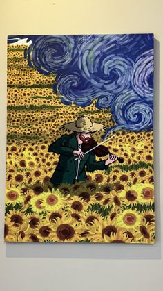 a painting of a man playing violin in front of a field of sunflowers