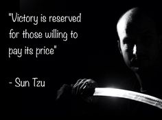 a man holding a knife in his hand with a quote on it that says victory is reserved for those will to pay its price