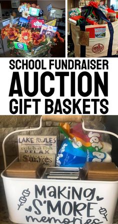 School Fundraiser Auction Gift Basket Ideas And Action Baskets To Raffle Off Fundraising Raffle Baskets, Ideas For Fundraisers, Auction Basket Themes, Adult Gift Basket, Raffle Gift Basket Ideas, Silent Auction Basket