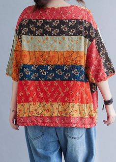 Casual Red Patchwork Blouse, Spring Multicolor Tops With Drawstring, Casual Multicolor Tops With Drawstring, Multicolor Patchwork Short Sleeve Blouse, Multicolor Short Sleeve Blouse With Patchwork, Red Bohemian Patchwork Blouse, Casual Floral Patchwork Tops For Beach, Casual Beach Tops With Floral Patchwork, Bohemian Orange Patchwork Tops