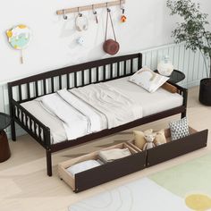 Pine Wood Twin-Size Daybed With Two Storage Drawers Bed For Living Room, Bedroom Brown, Backrest Design, Minimalist Sofa