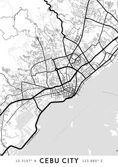 a black and white map of the city of cebu city, with lines drawn across it