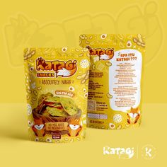 two bags of food sitting next to each other on a yellow background with the words kargi