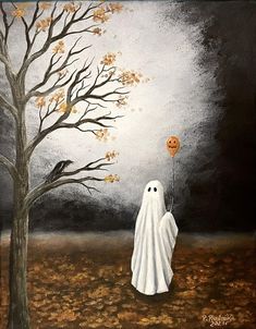 a painting of a ghost with a balloon in the air next to a bare tree