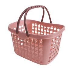 a pink plastic basket with handles and holes on the bottom, sitting against a white background