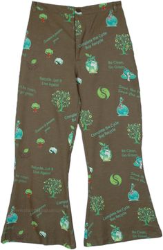 A pair of very unique and one-of-a-kind green henna hued cotton pants with a bohemian style all-over messages about saving the earth and the trees and the environment. The wide bell-bottoms trousers look very distinct, they come with an elastic at the back for comfort and a button enclosure, buttons on the fly, loops for a belt and two side pockets. #tlb #SplitSkirtsPants #Fall #Printed #Paisley #bohemianfashion #XLPlus #HippiePants #70sPants #SaveEarthGreenProtestClothing Casual Green Organic Cotton Bottoms, Green Cotton Hippie Bottoms, Green Cotton Hippie Pants, Green Hippie Cotton Pants, Hippie Green Cotton Pants, Protest Clothing, Saving The Earth, Bridesmaids Outfits, 70s Pants