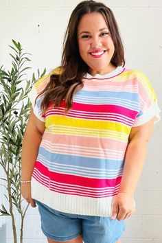 Brighten up your wardrobe with fuchsia, blue, yellow and peach striped dolman style knit sweater. The loose knit and oversized design complete this stunning top. Dolman Sleeves + Striped + Knit No Stretch 100% ACRYLIC Designed in California MADE IN CHINA Fits Oversized Weight: .625 Lbs; plus .813 Lbs Bust (side seam to side seam): S 23" M 24" L 25" 1X 27" 2X 28" 3X 29" Length (shoulder to hem): S 26" M 27" L 28" 1X 30" 2X 31" 3X 32" Regular Model Measurements: 5’ 6”, Size Small, Bust 34 C, Waist Denim Short Dresses, Stunning Tops, Boutique Tops, Loose Knit, Striped Short, Denim Leggings, Fall Shopping, Sweater And Shorts, Striped Knit