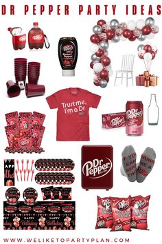 a bunch of items that are on top of a white boarder with the words dr pepper party ideas