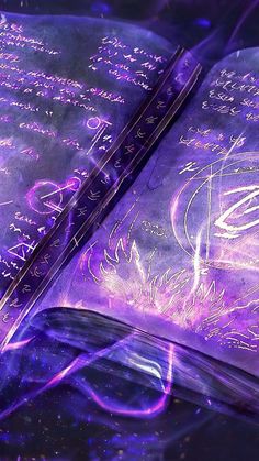 an open book with writing on it and purple light coming from the pages in the background