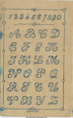 an old fashioned handwritten alphabet with numbers and symbols on it's side, in blue ink