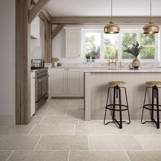 two stools are in front of the kitchen counter and island with marble tile flooring