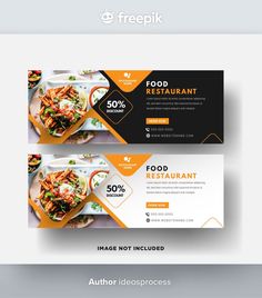 two food banners with orange and black accents on the front, one is for restaurant