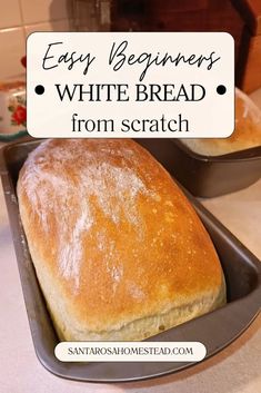 two loafs of white bread sitting on top of a baking pan with the words easy beginner's white bread from scratch