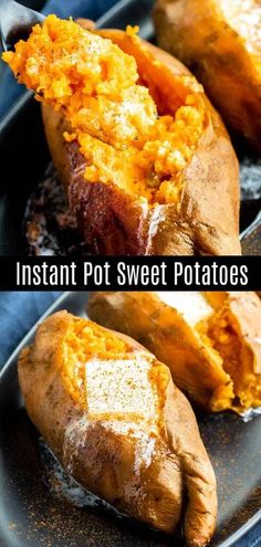 baked sweet potatoes with butter and seasoning on them are shown in two separate images