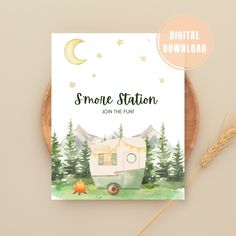 a card with an illustration of a camper on it and the words,'smore station join the fun '