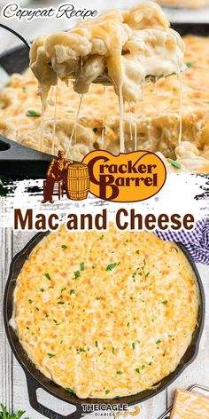 Two images the top image shows a spoon taking some cracker barrel mac and cheese and it being all gooey. The second image shows a pan full of mac and cheese from overhead. Cracker Barrel Mac And Cheese Recipe, Cracker Barrel Mac And Cheese, Thanksgiving Mac And Cheese, Cracker Barrel Copycat Recipes, Mac And Cheese Recipe Soul Food, Copycat Cracker Barrel, Cracker Barrel Recipes, Best Mac N Cheese Recipe, Baked Mac And Cheese Recipe