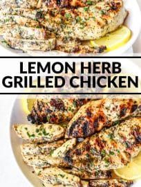 lemon herb grilled chicken is shown on a pink and white background with the words