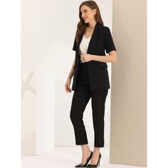 Looking for a stylish and sophisticated addition to your work wardrobe? Look no further than this lapel blazer for women. With its button-down front, lapel collar, and short sleeves, this blazer is the perfect combination of comfort and elegance. Whether you're dressing up for a big meeting or just want to add a touch of professionalism to your everyday look, this blazer is sure to impress. Pair it with some statement jewelry, dress pants, a skirt, or even jeans and you'll be ready to take on th Formal Office Lady Blazer With Notch Lapel, Office Lady Blazer With Pockets, Chic Workwear Blazer With Lapel Collar, Tailored Outerwear For Office Workwear, Office Lady Blazer With Lapel Collar, Office Lady Blazer With Pockets For Business, Chic Blazer With Suit Collar For Workwear, Tailored Office Lady Blazer For Career, Collared Office Blazer With Pockets