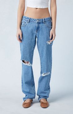 PacSun Eco Medium Indigo Ripped Low Rise Straight Leg Jeans | PacSun Low Rise Straight Leg Jeans, Denim Collection, Low Rise Jeans, Medium Blue, Pacsun, Straight Leg Jeans, Leg Jeans, Low Rise, Womens Bottoms