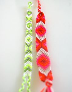 two bracelets with different colors and designs on them