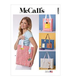 a woman holding a pink and white bag in front of two different bags on the same page