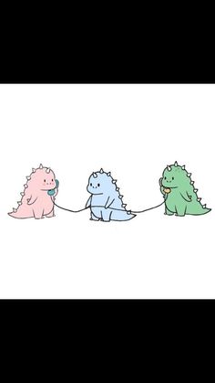 three small dinosaurs are pulling each other on a string